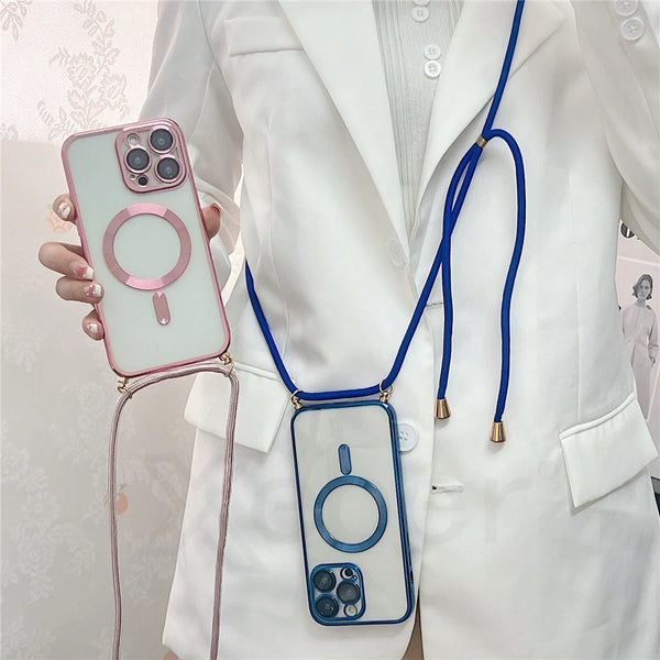 Crossbody Lanyard Plating Magnetic Case For iPhone Pro Max 12 11 Necklace Strap Rope For Magsafe Transparent Soft Cover