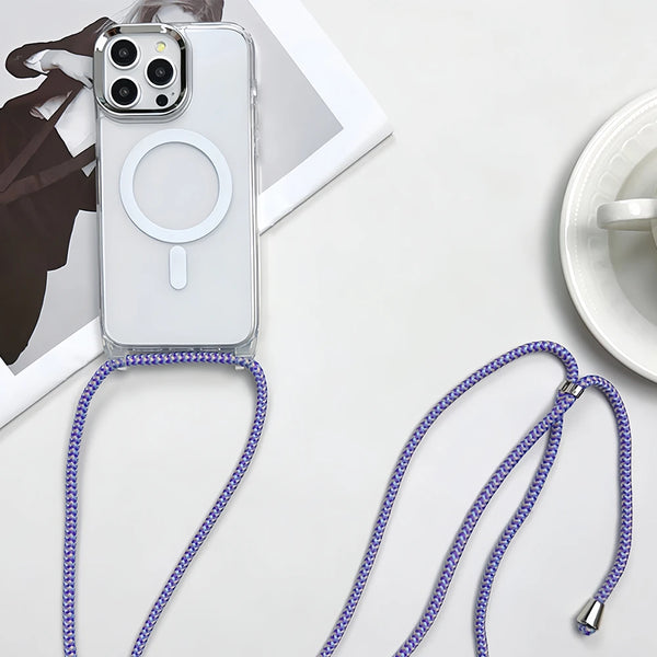 Crossbody Lanyard Rope Magnetic Transparent Case For iPhone 15 Pro Max 14 13 For Magnetic Wireless Charging Acrylic Cover