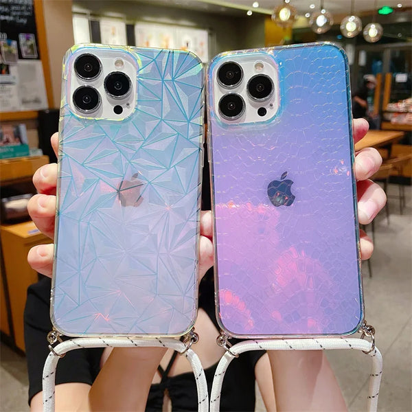Crossbody Strap Lanyard Laser Case For iphone 15 14 13 12 Mini 11 Pro XS Max XR X 7 8 Plus SE 3 2 Hard PC Back Cover