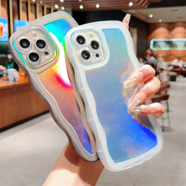 Curly Wave Frame Glitter Laser Case For iPhone 14 11 12 13 Pro Max X XR XS 7 8 Plus Shockproof Soft Silicone Back Cover Funda