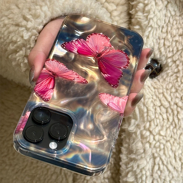 Fashion Butterfly Gradient Laser Mirror Phone Case For iPhone 15 14 13 12 11 Pro Max Plating Ripple Pattern Shockproof Cover