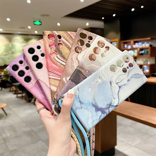 Fashion Marble Crossbody Necklace Lanyard Case For Samsung S23 S22 S21 Ultra Plus A54 A34 A14 A53 A33 A13 A52 Silicone Soft Cover