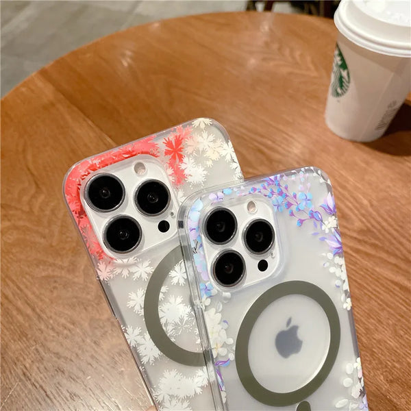 Magsafe Wireless Charging Flower Phone Cases For iPhone Pro Max Plus 12 11 Matte Translucent Hard Shockproof Cover