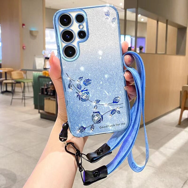 Fashion Glitter Flower Lanyard Case For Samsung Galaxy S23 Ultra S22 S21 S20 FE A32 A33 A34 A14 A73 A52 A53 A54 5G Wristband Soft Cover