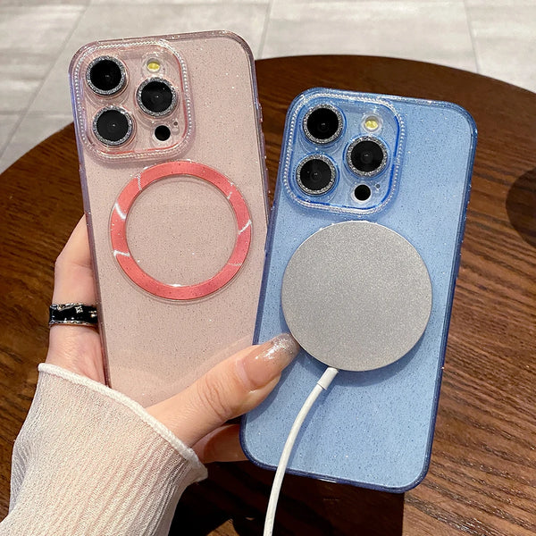 Glitter Transparent For Magsafe Magnetic Case For iPhone 15 Pro Max Plus 14 13 12 Ultra Thin Wireless Charge Shockproof Cover