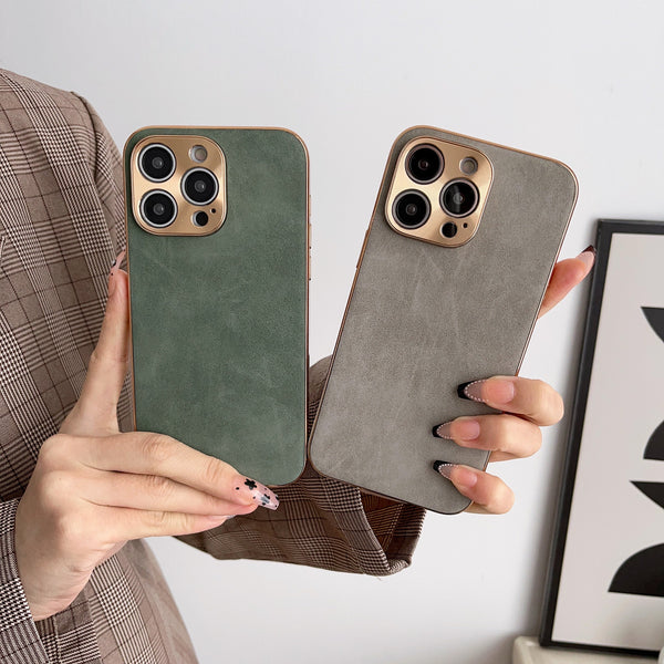 Leather Phone Case For iPhone 14 13 12 11 Pro Max 14 Plus  Electroplated Frame Lambskin Phone Shell
