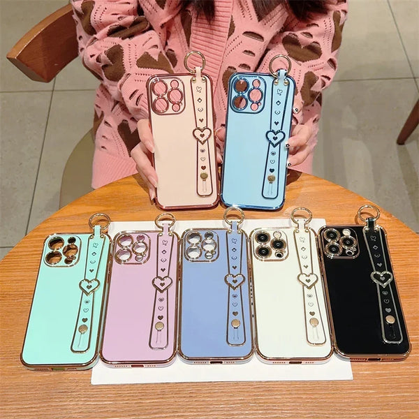 Love Heart Wristband Plating Cases For iphone 12 11 Pro XS Max 8 7 Plus XR X Case Silicone Soft TPU Shockproof Back Cover