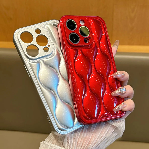Luxury 3D Wave Textured Glossy Silicone Case For iPhone 15 Pro Max 14 13 12 11 Camera Protection Air Cushion Shockproof Cover