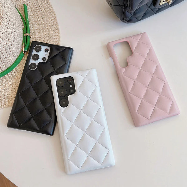 Luxury Leather Diamond Pattern Phone Case For Samsung Galaxy S24 Ultra S23 Plus Retro Shockproof Protective Hard Bumper Cover