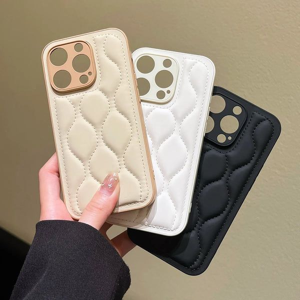 Luxury Leather iPhone 15 Pro Max 14 13 12 11 Cases Down Jacket Wave Pattern Case Camera Protection Shockproof Silicone Cover