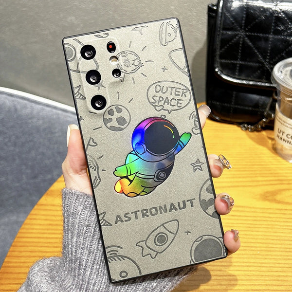 Luxury Leather Laser Astronaut Soft Silicone Phone Case For Samsung S24 Ultra S23 S22 Ultra Camera Protection Shockproof Cover
