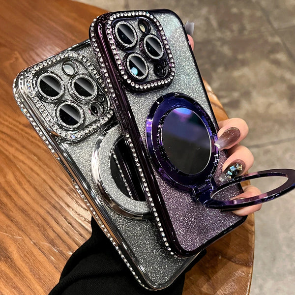 Luxury Plating Glitter Diamond Magnetic Mirror Stand Case For iPhone 15 Pro Max 14 13 For Magsafe Camera Protection Cover