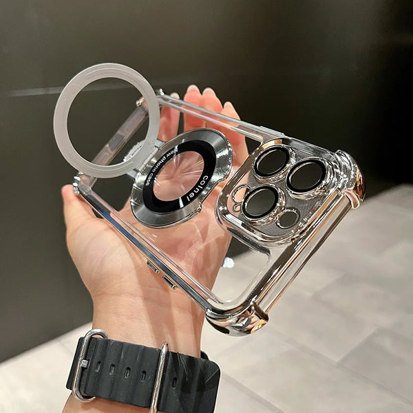 Plating Magnetic Ring Bracket Transparent Case For iPhone 15 14 13 12 11 Pro Max For Magsafe Wireless Charging Shockproof Cover