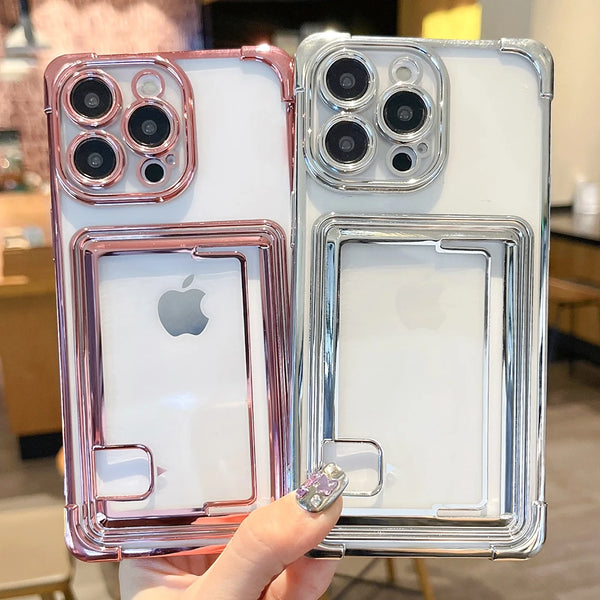 Plating Slot Card Holder Wallet Cases iPhone 15 Pro Max 14 Plus 13 12 11 Case Camera Protection Soft Silicone Shockproof Cover