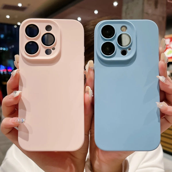 Ultra Thin Liquid Silicone Candy Cases For iPhone 15 14 13 Pro Max Glass Lens Film Camera Protection Shockproof Soft Cover