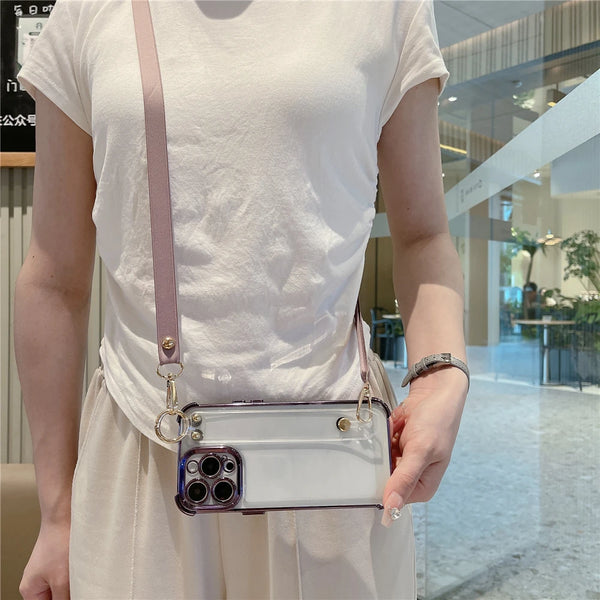 Plating Transparent Wrist Strap Holder Cases For iPhone 14 Plus 13 12 11 Pro Max XR XS X Case Crossbody Lanyard Necklace Cover