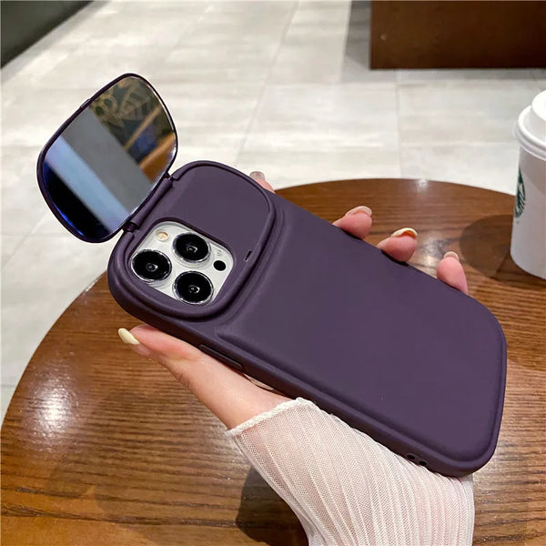 Flip Mirror Stand Holder Camera Protection Phone Case For iPhone 15 14 Plus 13 Pro Max 12 Matte Soft Shockproof Cover