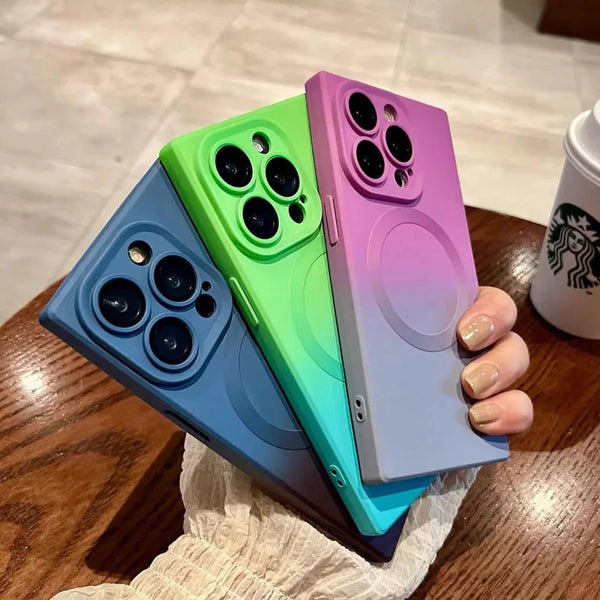 Gradient Magnetic Silicone Square Magsafe Case For iPhone 15 14 Pro Max Plus 13 12 11 Wireless Charge Shockproof Soft Cover