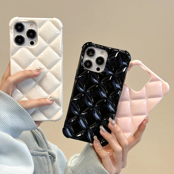 3D Gloss Diamonds Lattice Pattern Candy Case For iPhone 15 Pro Max 14 Plus 13 12 11 Shockproof Soft Silicone Bumper Cover