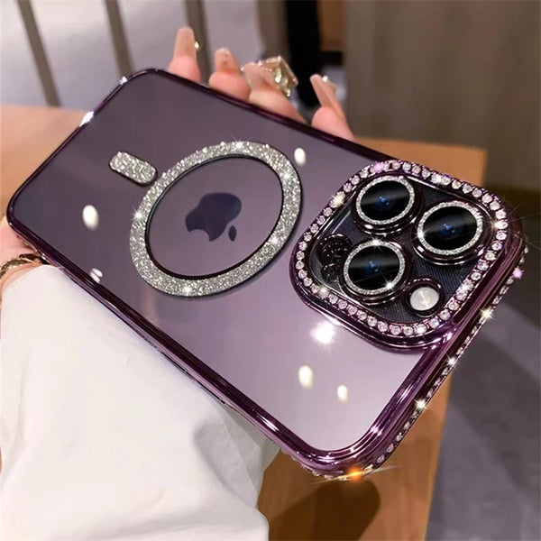 Plating Glitter Diamond For Magsafe Magnetic Case For iPhone 15 Pro Max 14 13 12 11 Transparent Wireless Charging Silicone Cover