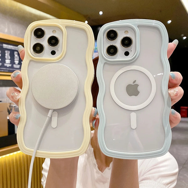 Wave Curly Magnetic Transparent Case For iPhone 15 14 Pro Max 13 12 11 For Magsafe Wireless Charging Shockproof Clear Soft Cover