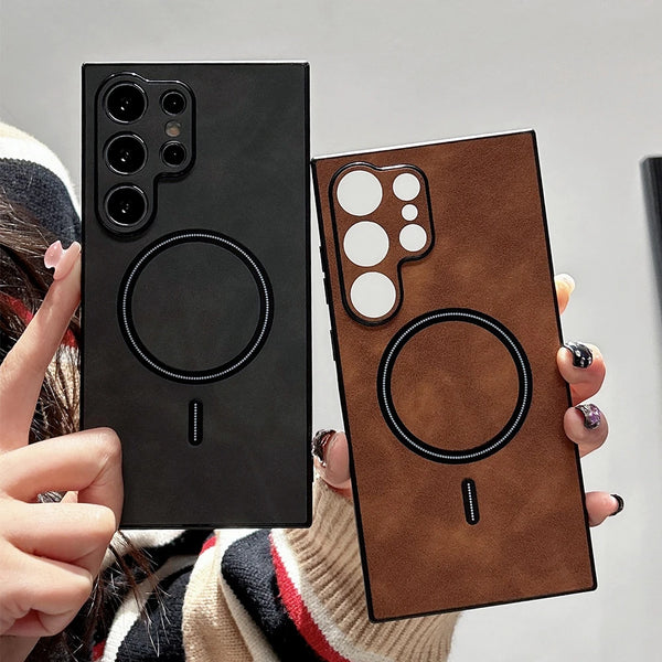 Luxury Magnetic Matte Suede Leather Samsung S24 Ultra S23 S22 S21 Plus Cases Shockproof Silicone Soft Wireless Charging Cover