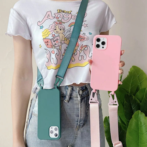 Crossbody Necklace Strap Silicone Phone Case For iPhone 15 14 Pro Max Lanyard Rope Soft Cover