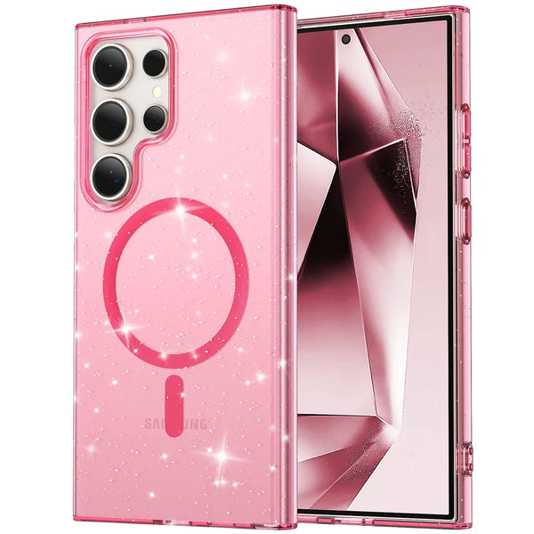 Transparent Glitter Magnetic Wireless Charging Case For Samsung S24 Ultra S23 FE S22 Plus Shockproof Protection Hard PC Cover