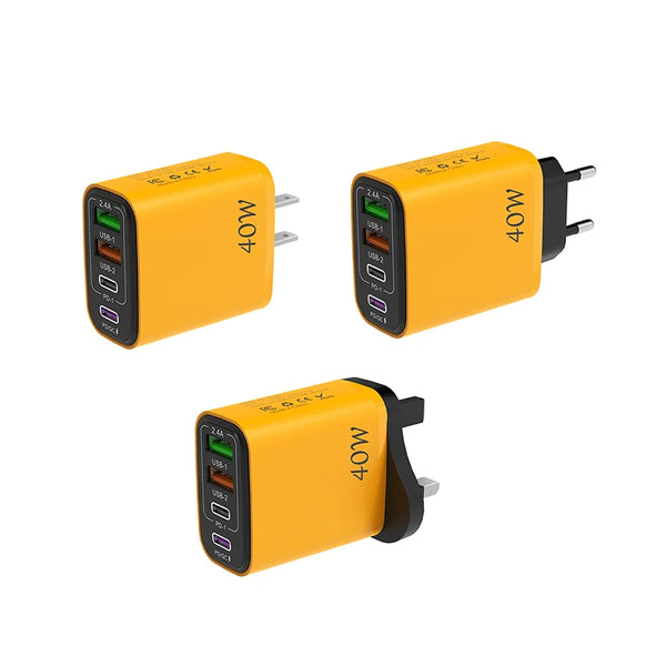 US/EU/UK 4 Port Mobile Phone Charger Fast Charging Adapter 40W 2 USB 2 PD Wall Fast Charger for Samsung iPhone