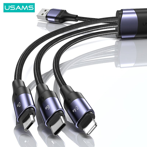 USAMS 100W 6A 3 in 2 Cable USB A To Type C Cable PD Fast Charge USB-C Mirco Cable For Samsung iPhone 16 15 14 13 Pro Max Huawei Xiaomi