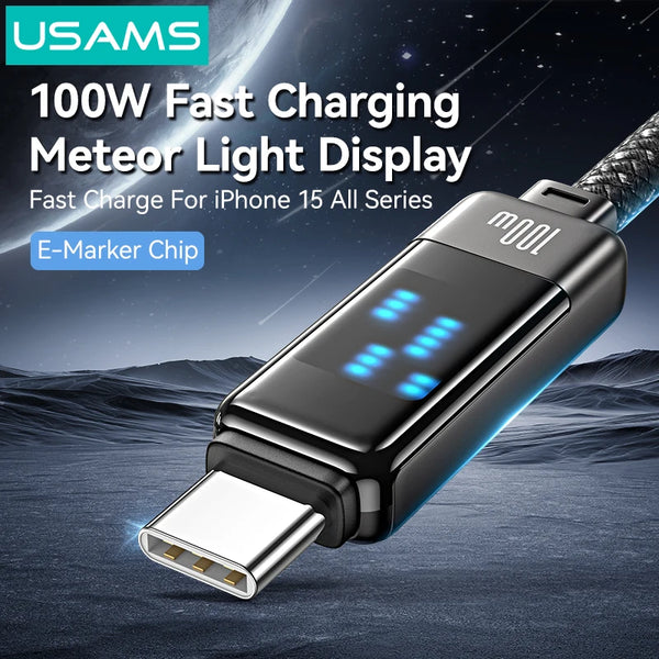 USAMS 100W Fast Charging Cable Type-C To Type-C Nylon Braided Data Cable Light Display for iPhone Pro Samsung Xiaomi Huawei