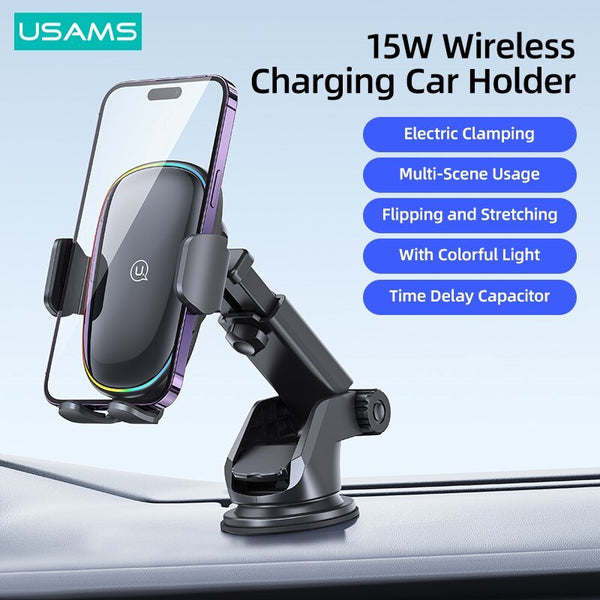 USAMS 15W Wireless Charging Car Holder With Colorful Light For iPhone 16 15 14 13 12 11 Android Phone Car Bracket Phone Stand