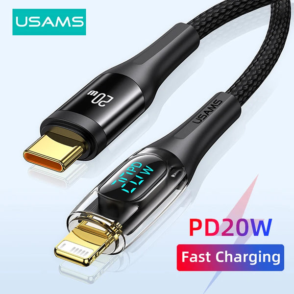 20W USB C Cable For iPhone 16 15 14 13 12 11 Pro Max iPad Digital Display Type C PD Fast Charging Cable Transparent USB Cables