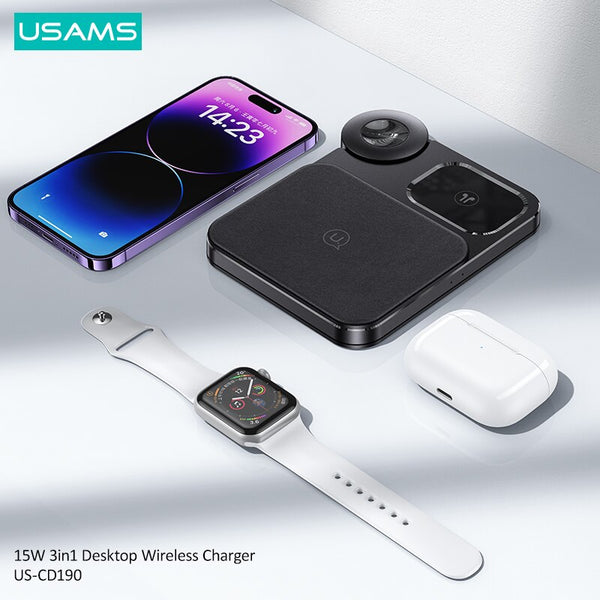 USAMS 3 In 1 15W Desktop Wireless Fast Charger For iPhone 16 15 14 Pro Max Samsung Charging Station for Apple Watch Airpods