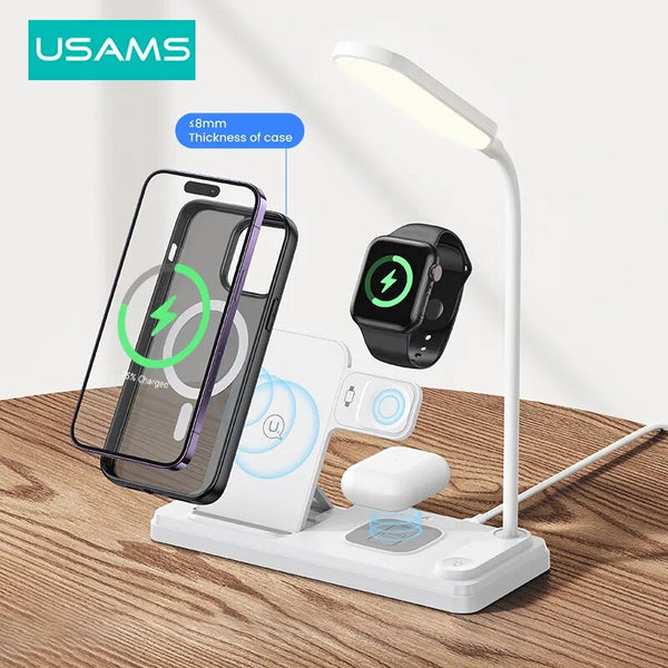 USAMS 4in1 Wireless Charging Holder with Fill Light Phone Holder Fast Wireless Charger Desk Holder for iPhone 16 15 14 13 12 11 Samsung Xiaomi