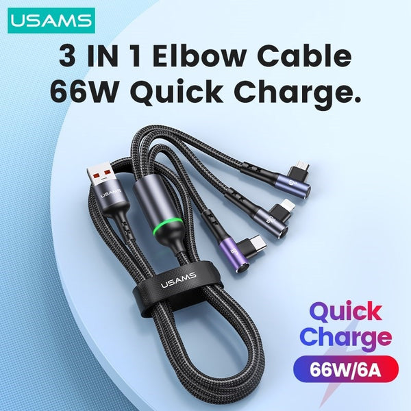 USAMS 66W 3 In 1 Cable Right Angle Elbow Game Cable For iPhone iPad MacBook Quick Charging Data Cable?For Huawei Xiaomi iPhone Samsung OPPO