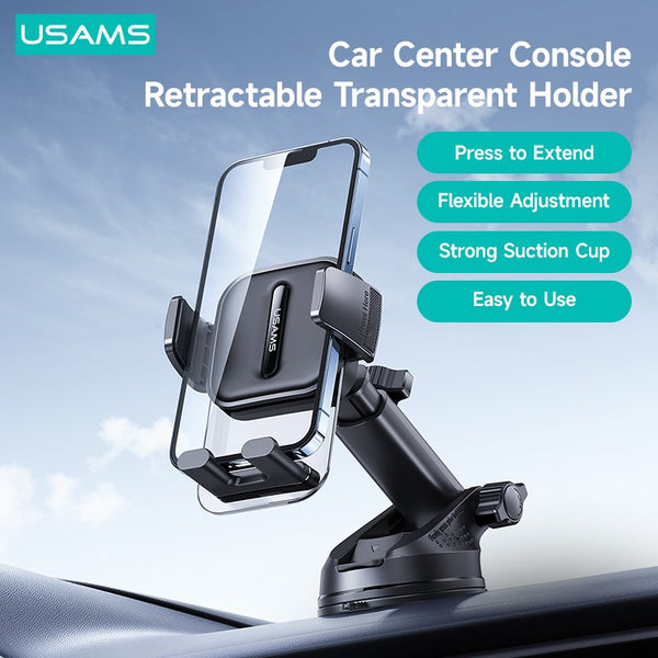 USAMS Car Center Console Retractable Transparent Holder Car Bracket Phone Stand For  Samsung iPhone 16 15 14 13 12 11 Xiaomi Huawei Phone