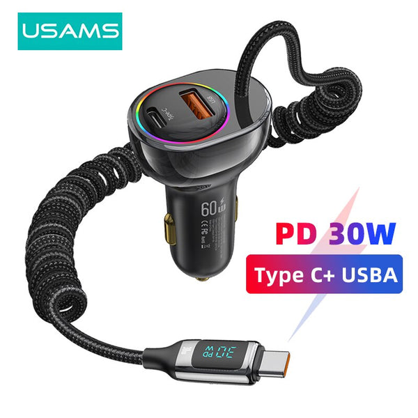 USAMS Car Charger Built-in 30W PD USB Cable Type C Fast Phone Charger in Car For iPhone 16 15 14 13 12 Pro Samsung Xiaomi Redmi