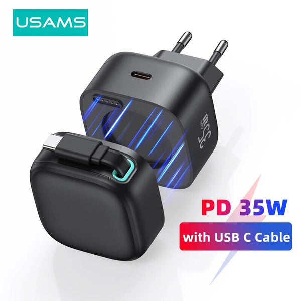 Magnetic USB GaN Charger 35W Type C PD Fast Phone Charger EU US UK Plug Built Quick Charge Cable for iPhone Xiaomi Samsung