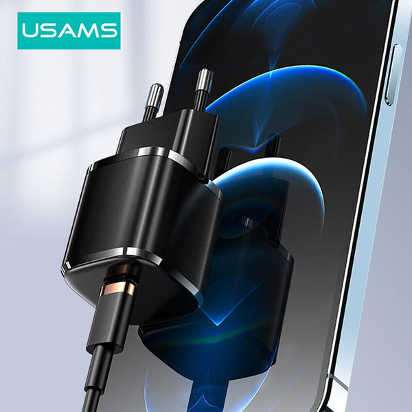 USAMS PD 20W Fast USB Charger Type C Cable Set PD3.0 Quick Charge 3.0 Wall Phone Charger For iPhone 16 15 14 13 Plus Pro Max Xs iPad