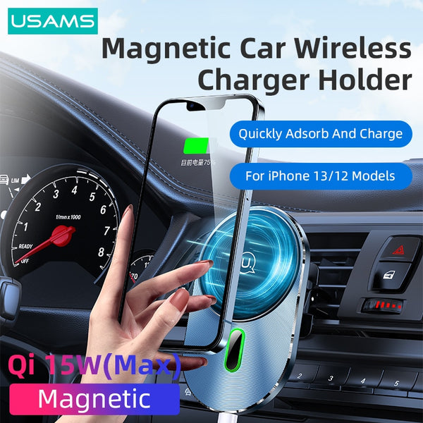 USAMS Qi 15W Magnetic Wireless Car Charger Phone Holder Universal Wireless Car Charger For iPhone 16 15 14 13 12 Pro Max Huawei Samsung Xiaomi