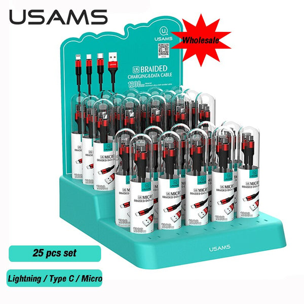 USAMS U5 25pcs 1.2m 2A Charging Data Bundle Cable With Display Rack Micro USB Type C Lightning Braided Cable For iPhone Samsung xiaomi Android