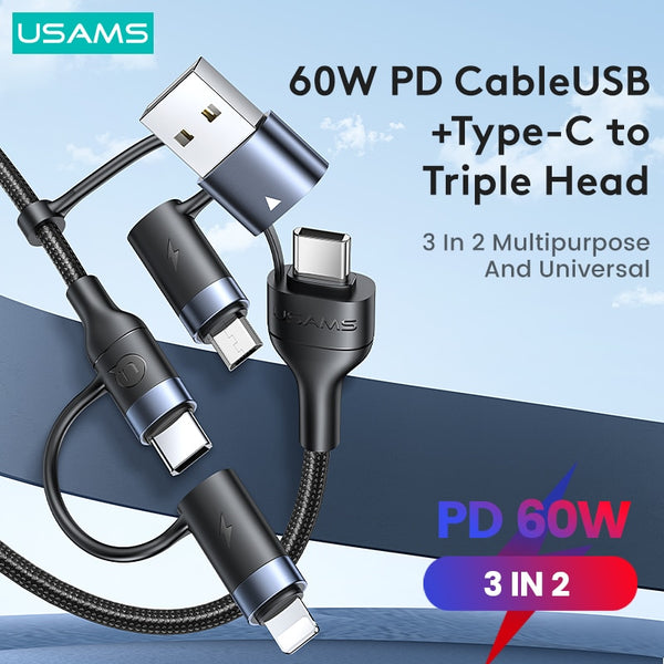 USAMS U62 60W 3 In 2 Cable Quick Charging Data Cable For iPhone 16 15 14 13 12 Plus Mini Pro Max MacBook iPad Air Pro Samsung Huawei Xiaomi