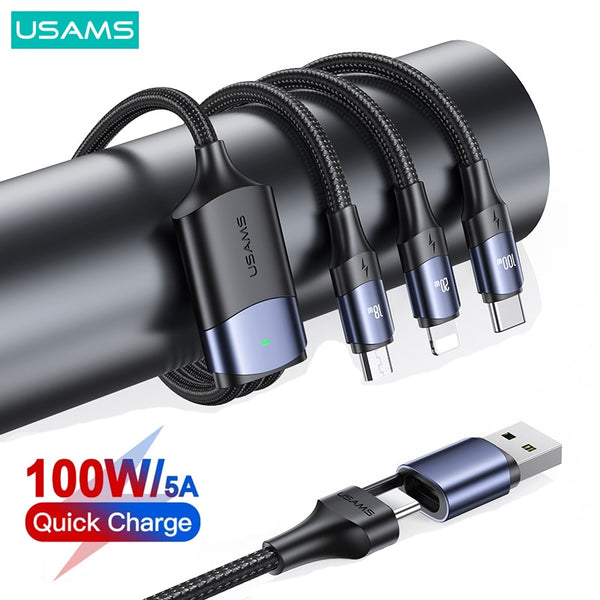 USAMS U71 100W 3 In 2 Fast Charging Data Cable For iPhone 16 15 14 13 12 Mini Pro Max MacBook iPad Air Pro Samsung Xiaomi Huawei
