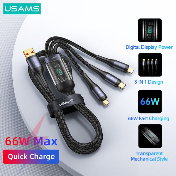 USAMS U83 66W 3 In 1 Digital Display Cable For iPhone 16 15 14 13 12 iPad Quick Chargng Data Cable For Huawei Xiaomi Samsung