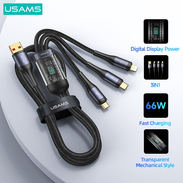 USAMS U83 66W 3 In 1 Digital Display Cable PD QC Fast Charge USB Type C Cable For iPhone 16 15 14 13 Pro Plus Max Huawei Xiaomi Samsung