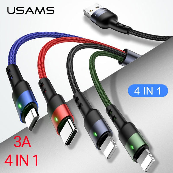 USAMS 3A 4 In 1 Charging Data Cable For iPhone 16 15 14 13 12 11 X  8 Micro USB Type C Lighting 3 In 1 Cable For Samsung Huawei Xiaomi